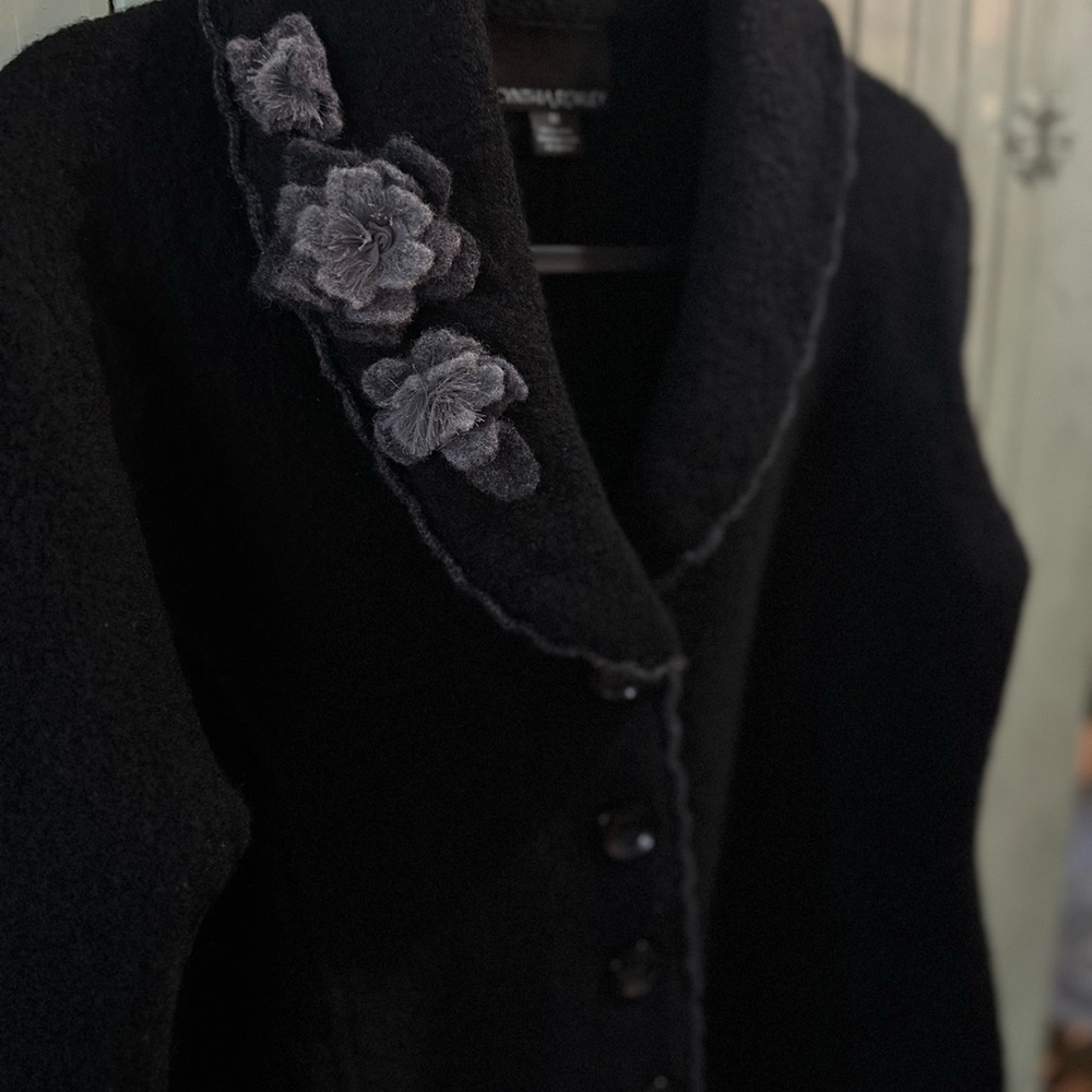 Cynthia Rowley 100% Wool Black Cardigan Blazer Rosette M